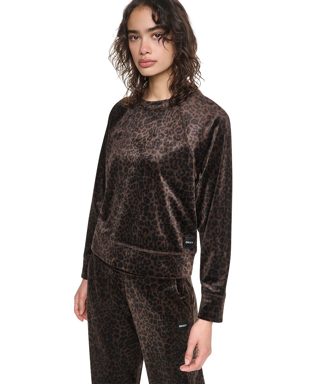 DKNY Sport Women's Leopard-Print Super-Soft Velour Raglan Pullover Top