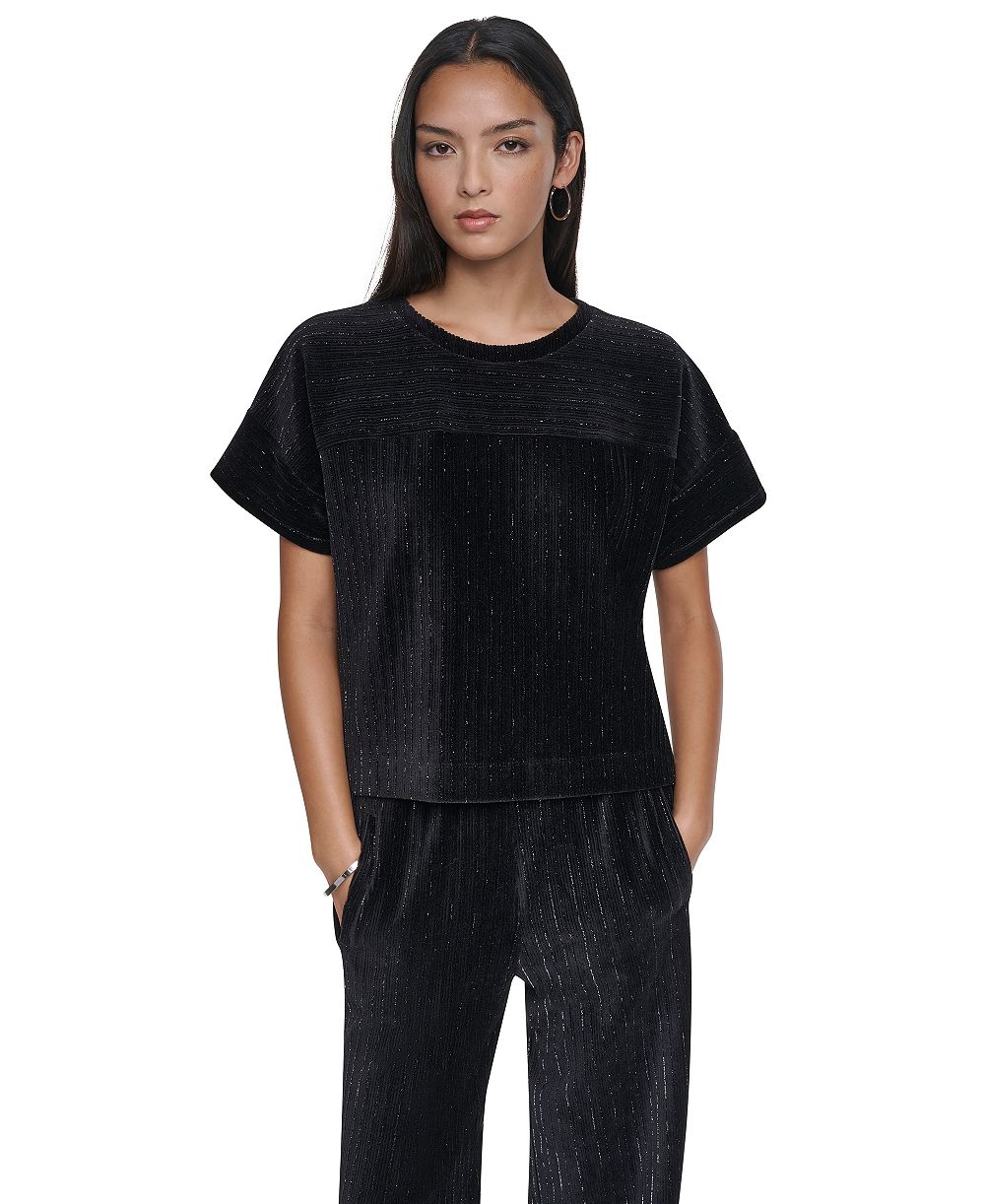 DKNY женская футболка с вырезом лодочка и короткими рукавами дольман из люрекс-бархатного трикотажа