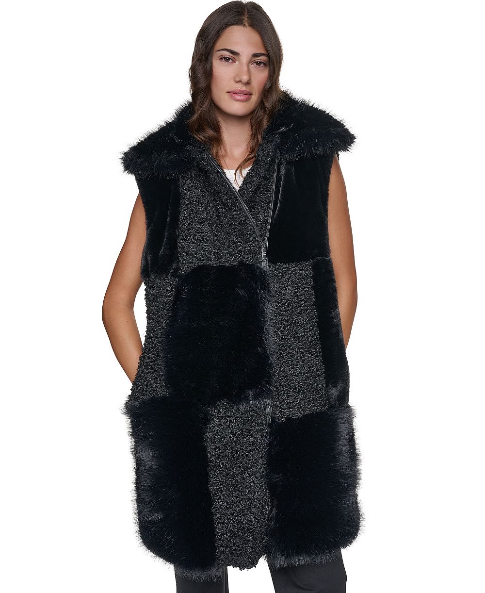 DKNY Women's Patch-Mix Mid-Length Collared Faux Fur Vest