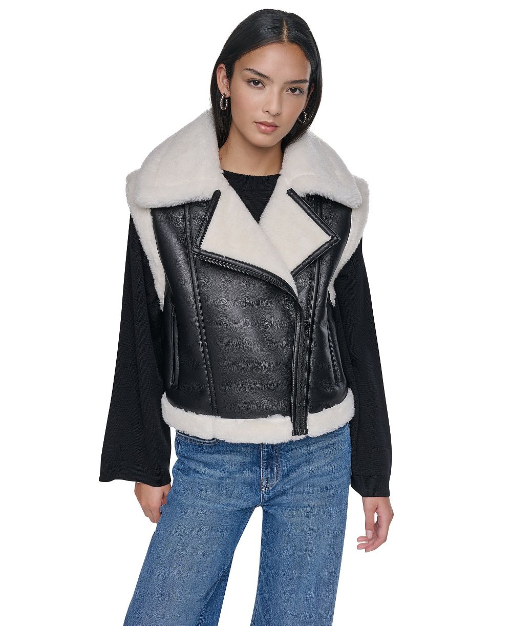 DKNY Women's Moto Faux Shearling Trim Vest