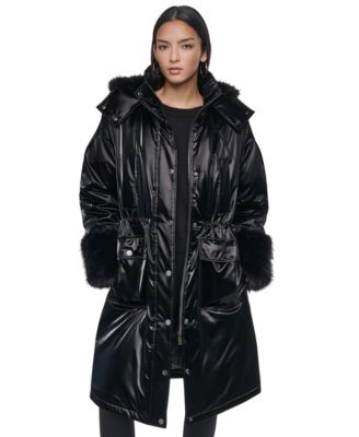 DKNY женское пальто из нейлового бархата длиной до колена с капюшоном и манжетами из искусственного меха