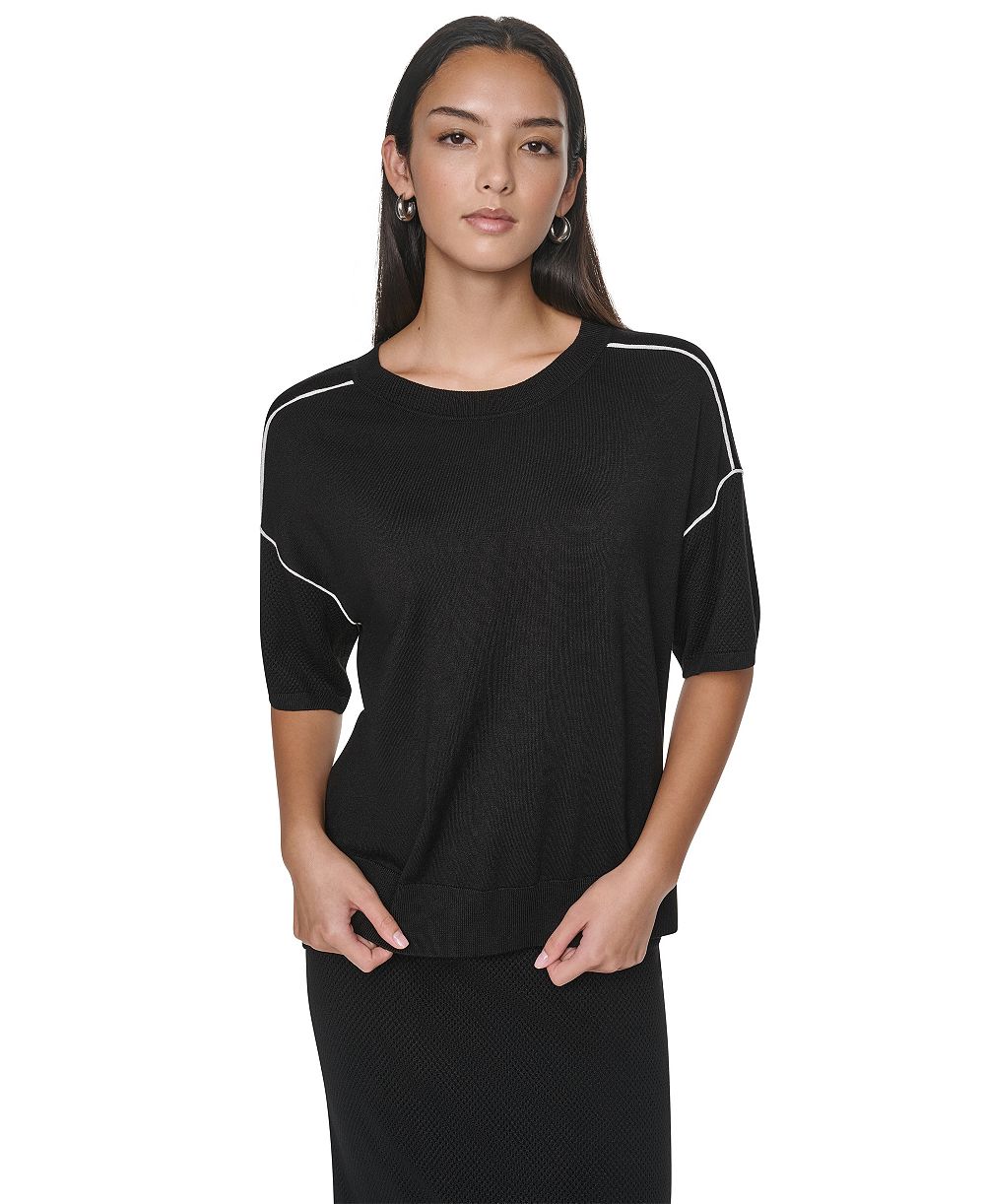 DKNY Women's Short-Sleeve Pointelle-Mesh Contrast-Trim Sweater
