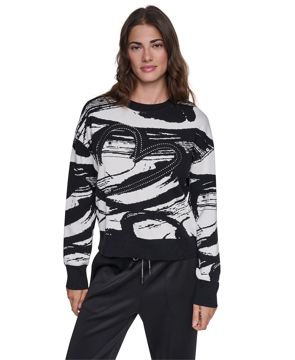 DKNY Women's Studded Heart Brush Stroke Crewneck Long-Sleeve Sweater