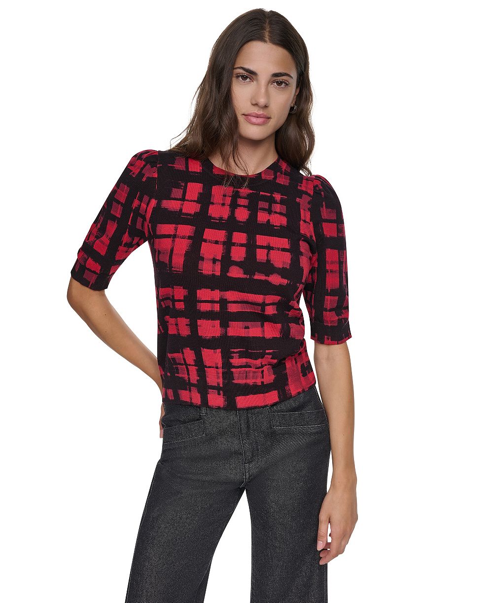 DKNY Women's Abstract Grid Elbow-Sleeve Pullover Sweater