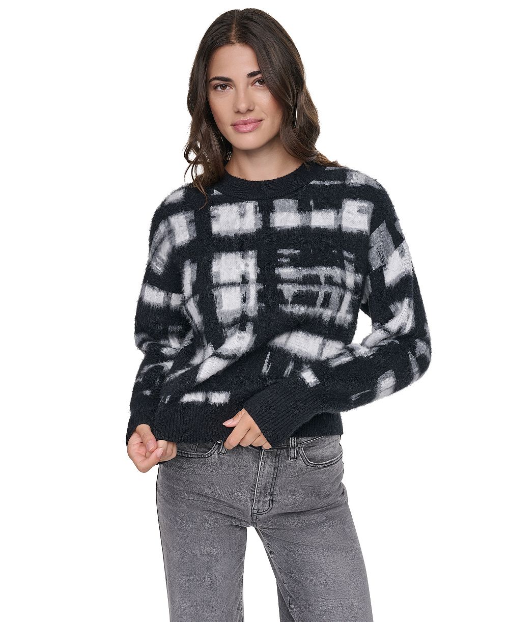 DKNY Women's Brushed-Plaid Long-Sleeve Crewneck Pullover Sweater