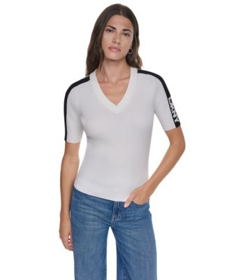 DKNY Women's V-Neck Logo Stripe Short-Sleeve Sweater