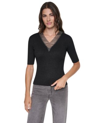 DKNY Women's Embellished Lurex V-Neck Sweater