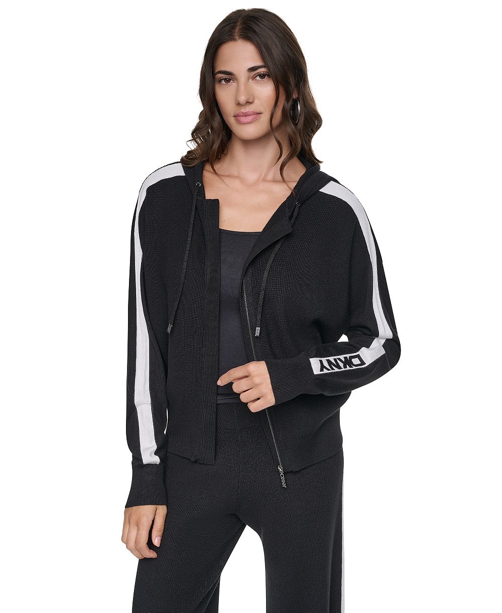 DKNY Women's Logo Stripe Full-Zip Hoodie Sweatshirt