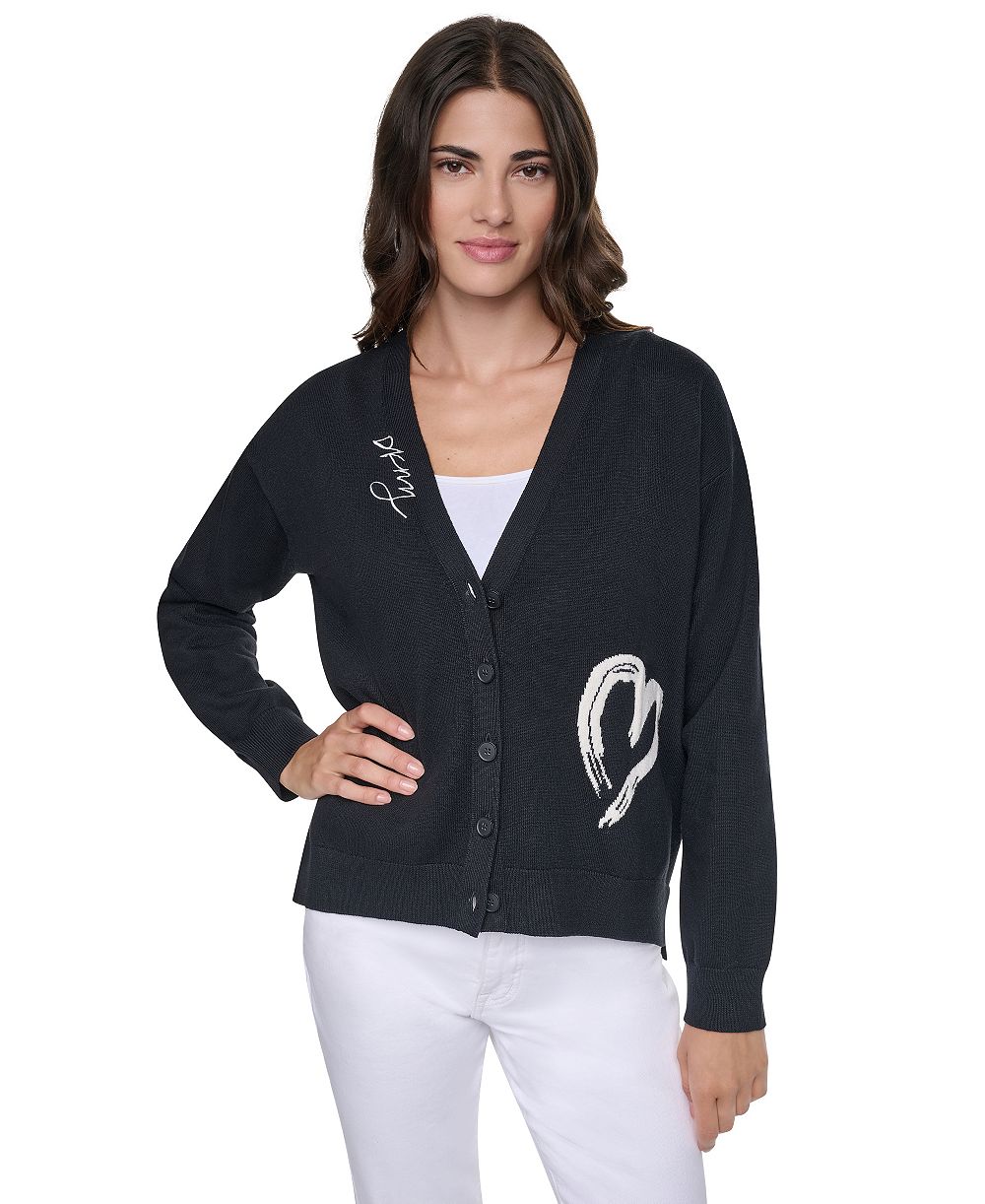 DKNY Women's Heart Brush Stroke Button-Front V-Neck Cardigan Sweater