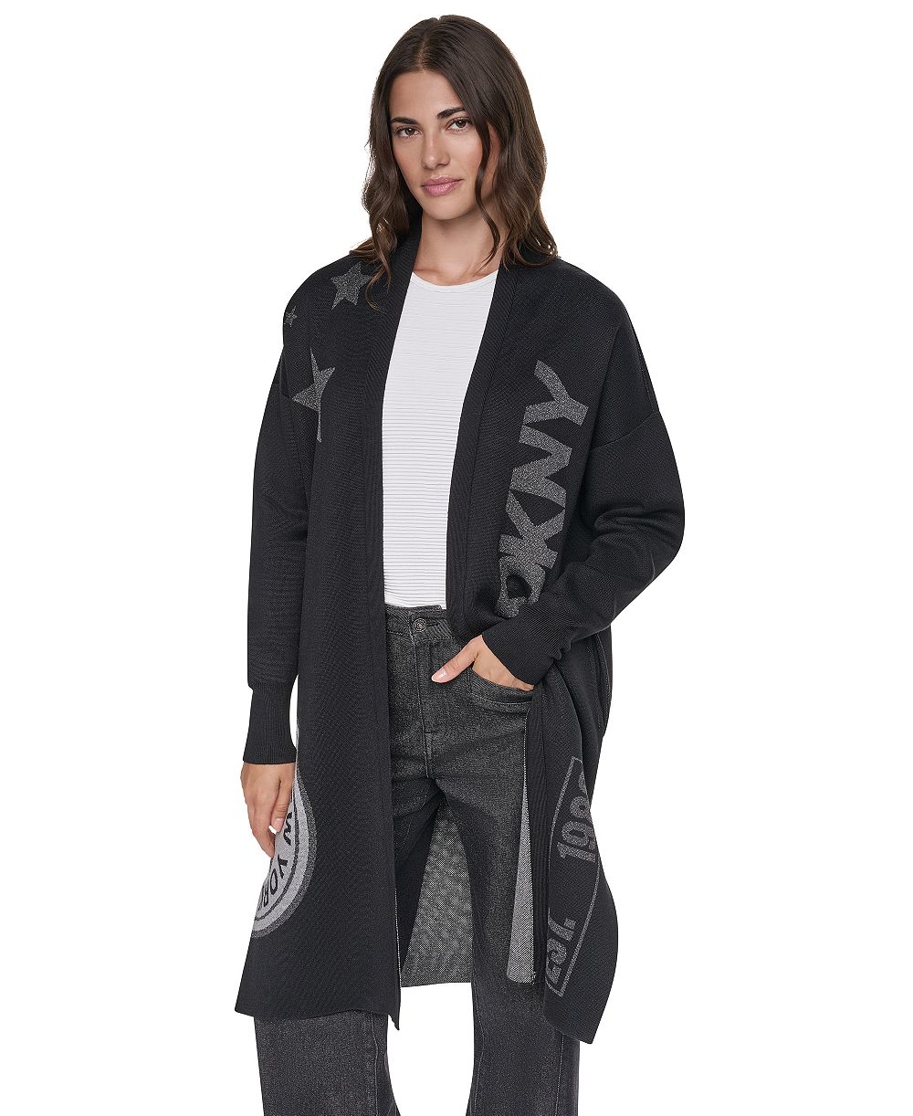 DKNY Women's Oversized Lurex Patch Open Front Cardigan Sweater