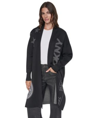 DKNY Women's Oversized Lurex Patch Open Front Cardigan Sweater