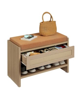 homfan Rattan Entryway Shoe Bench with Storage Drawer and Linen Cushion – Wooden Shoe Storage Bench with Open Shelf and Comfortable Seat