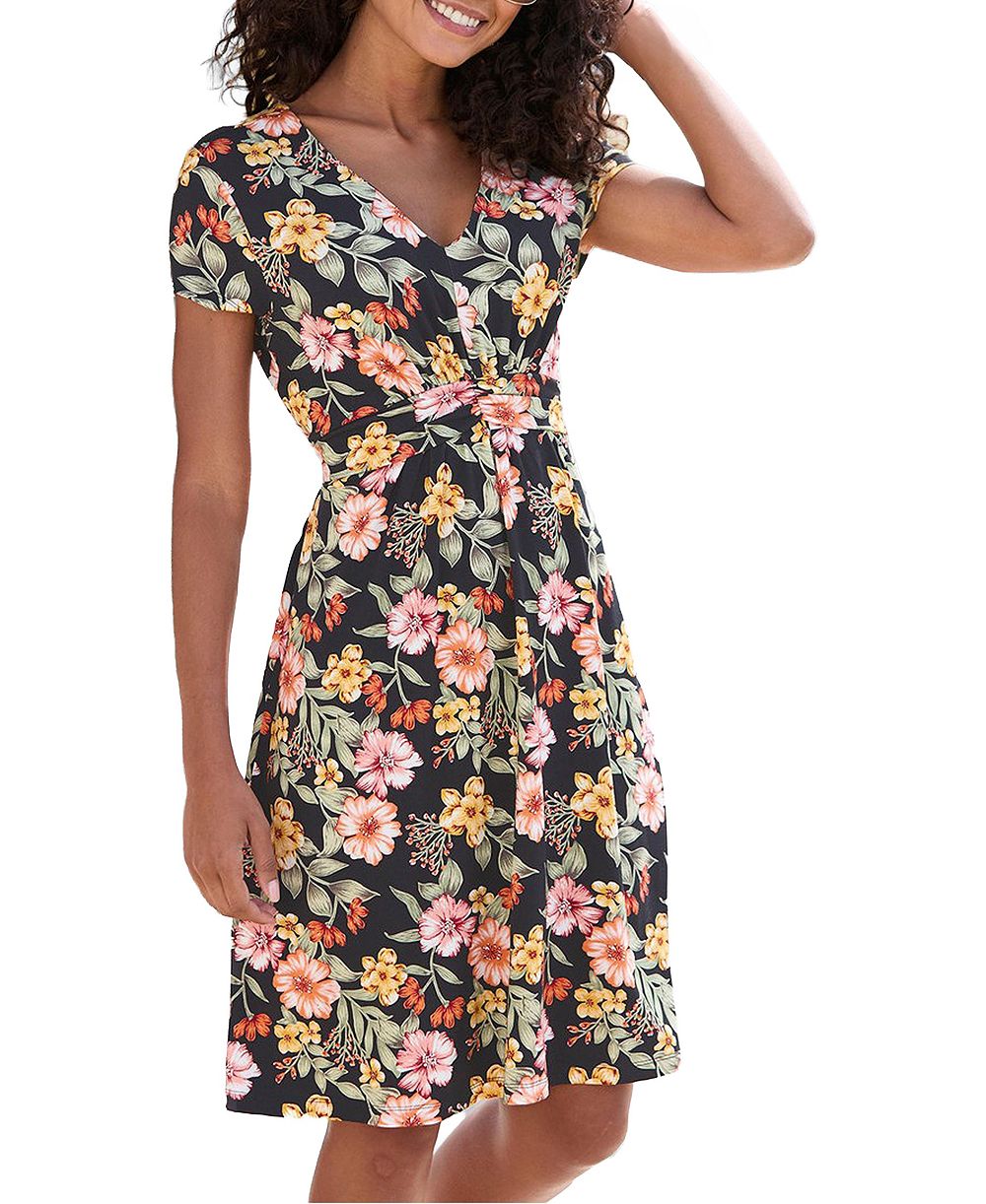 LASCANA Women's Viscose Floral Print Short Sleeve A-Line Short Dress