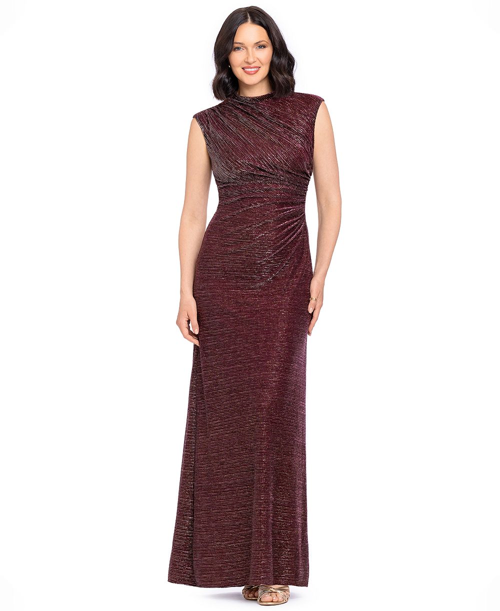 Betsy & Adam Women's Cory Metallic Ruched Mock Neck Gown