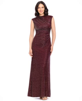 Betsy & Adam Women's Cory Metallic Ruched Mock Neck Gown