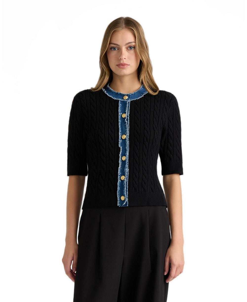 NVLT Women's Short Sleeve Cable Sweater with Denim Trim