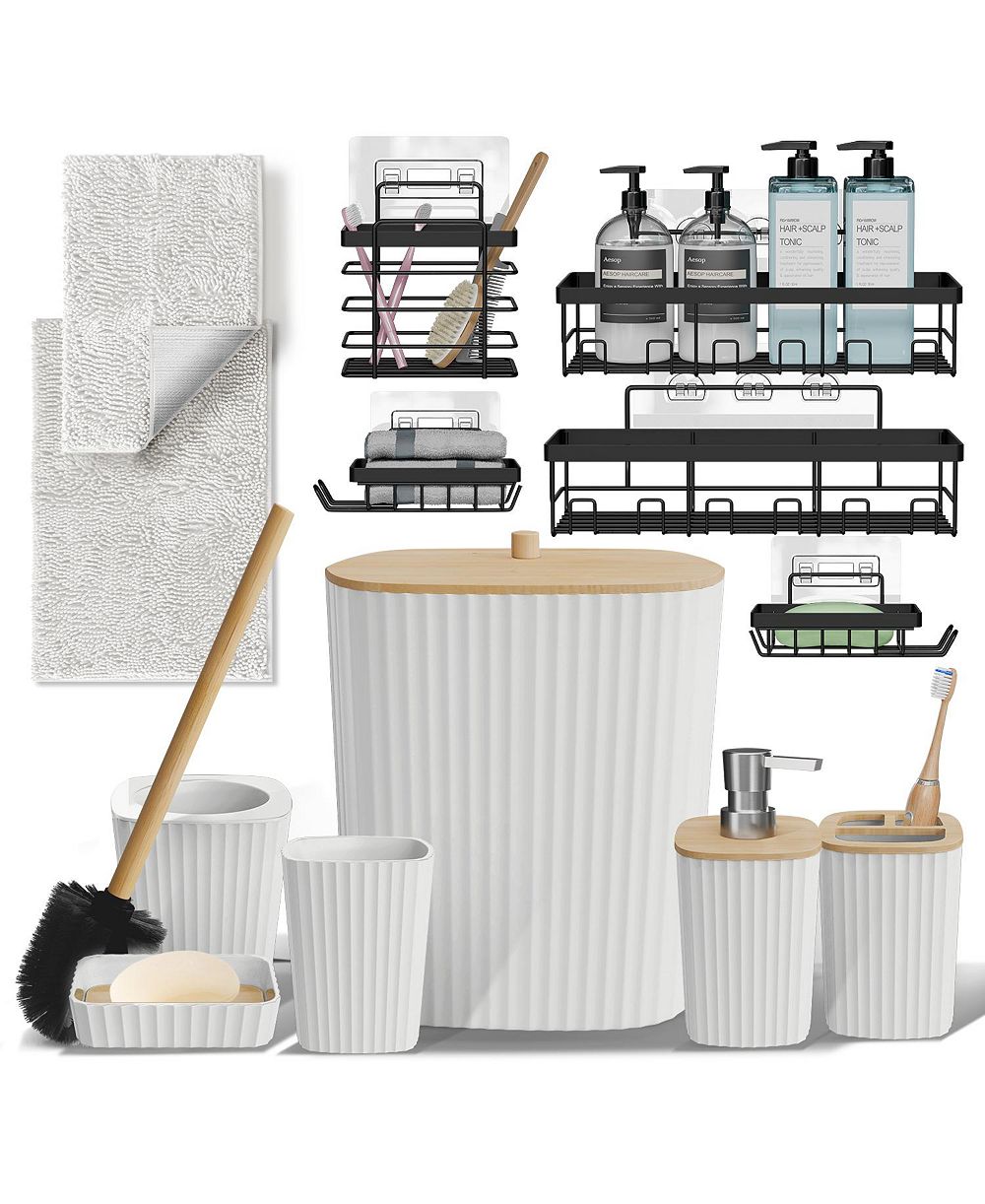 Modern Complete Bathroom Decor and Accessory Set with Bath Rugs and Shower Caddy Set