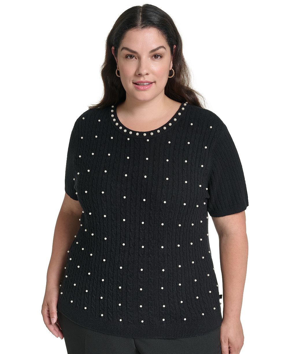 KARL LAGERFELD PARIS Plus Size Cable-Knit Embellished Sweater, Created for Macy's