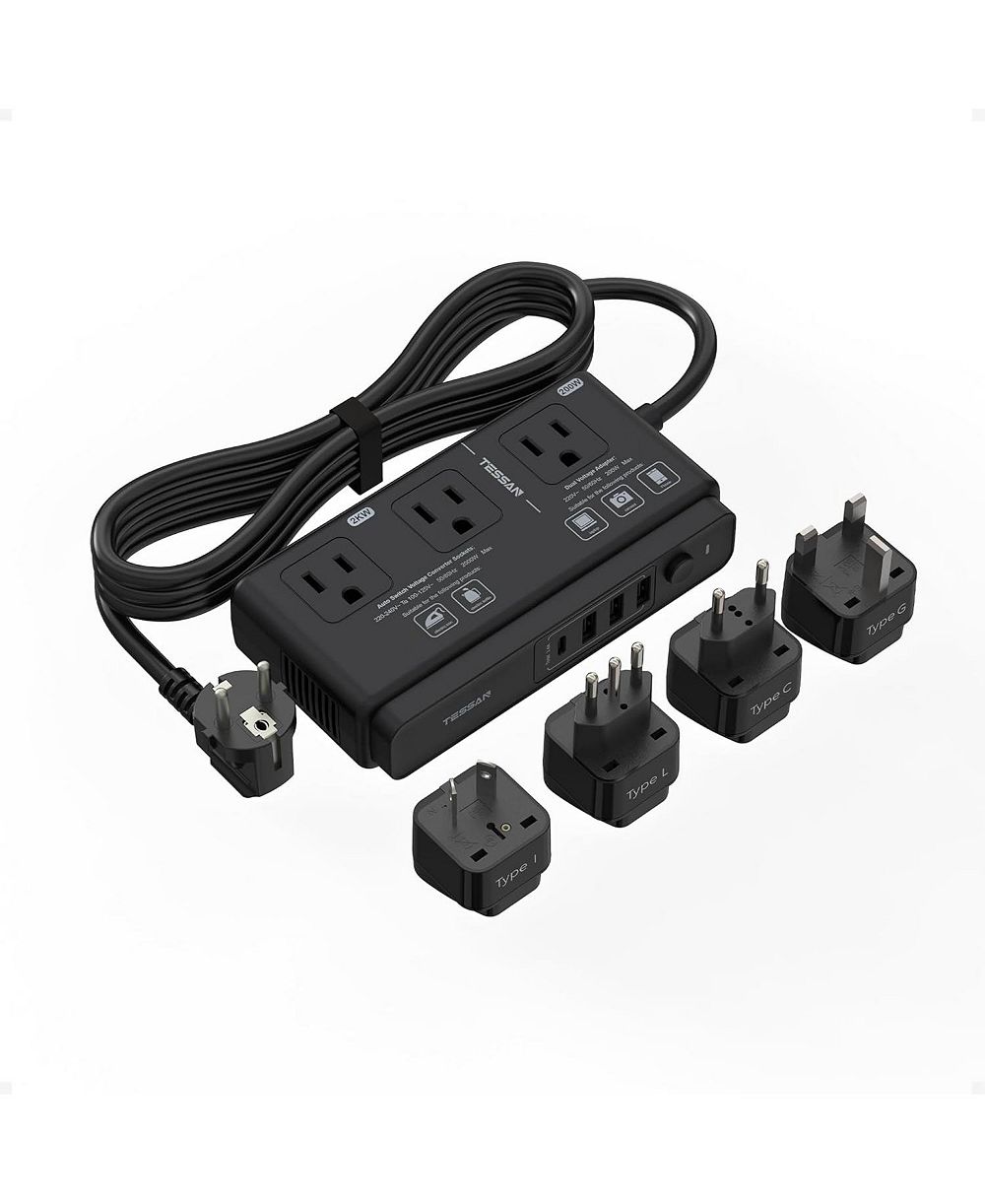 TESSAN конвертер напряжения с 220V до 110V, дорожный адаптер с 4 USB портами (1 USB C), 3 розетками AC и универсальным разъемом EU UK AU IT