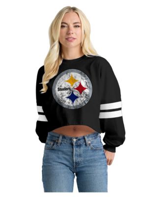 Spirit Jersey Women's Pittsburgh Steelers Oversized Cropped Stripe Long-Sleeve T-Shirt