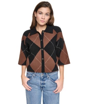 DKNY Jeans Petite Argyle Collared Cardigan