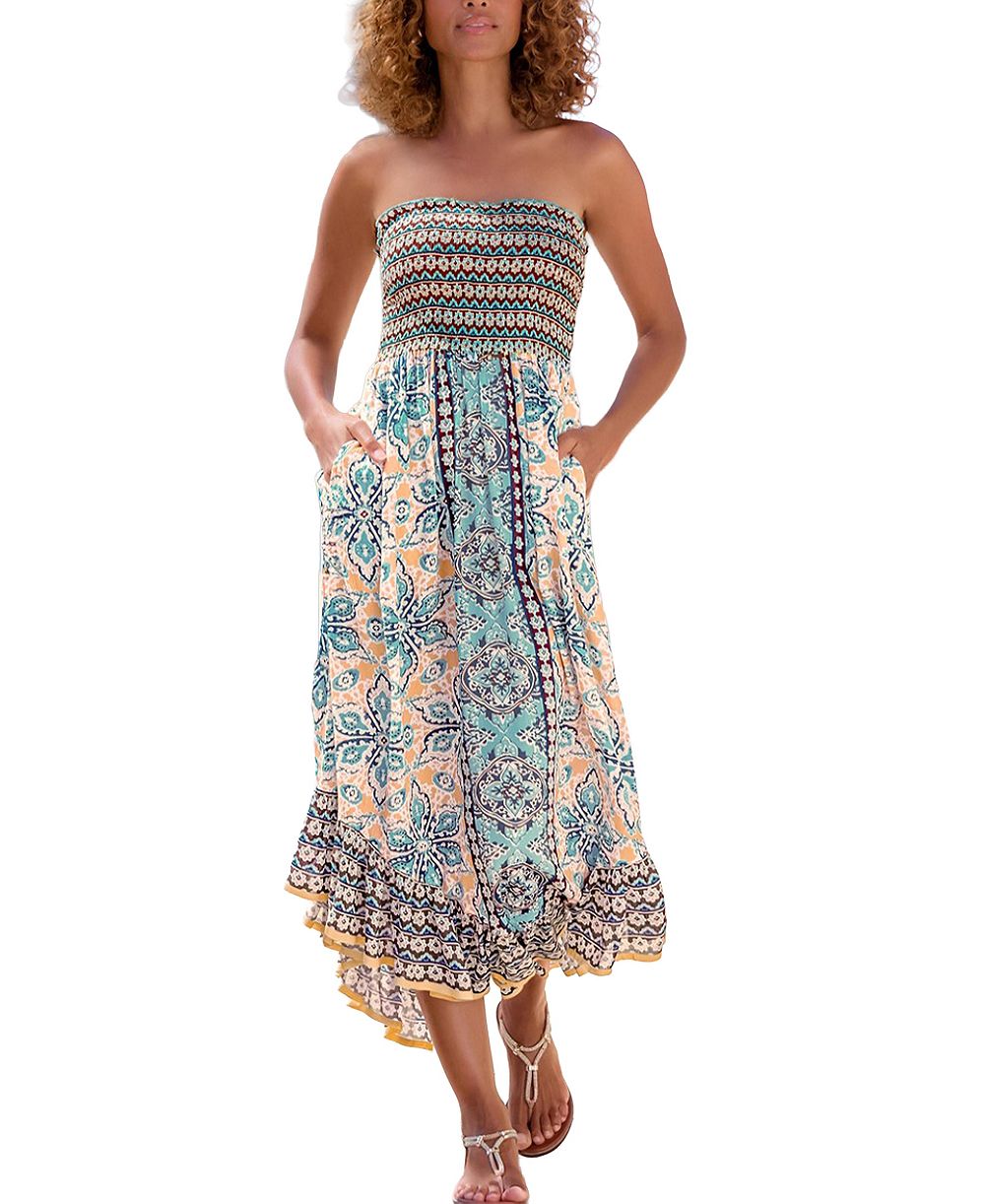 LASCANA Women's Viscose Printed Smocked Bodice Strapless A-Line Midi Dress