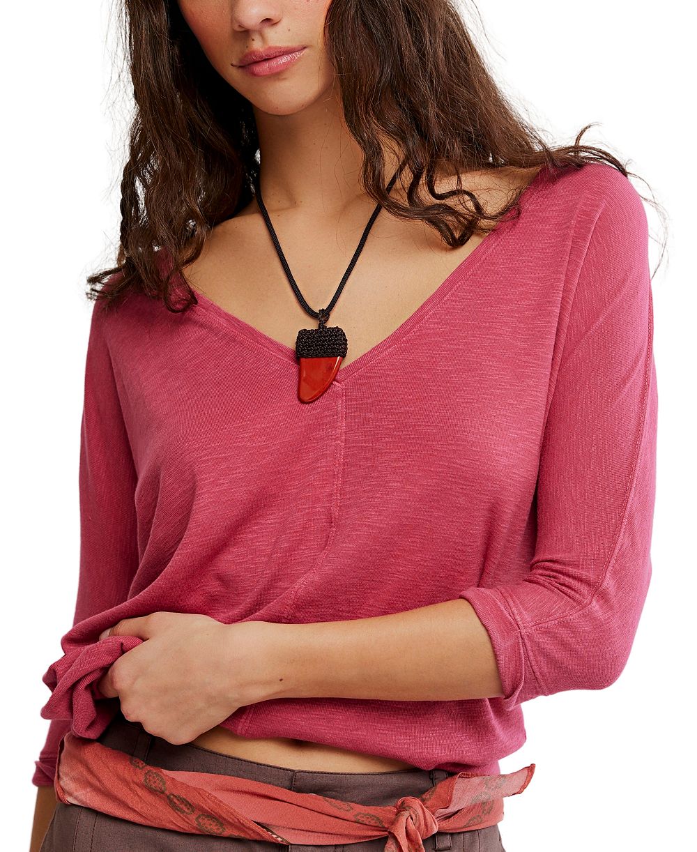 Free People Women's High Line V-Neck 3/4-Length-Sleeve Cotton-Modal-Blend T-Shirt