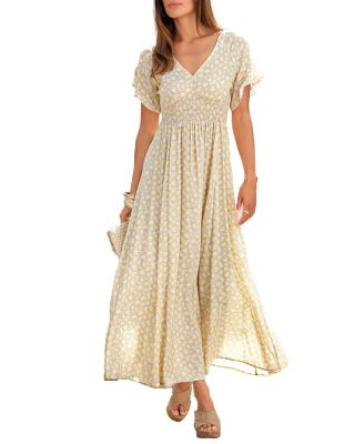LASCANA Women's Viscose Floral Print Ruffle-Trim Style V-Neck Maxi Dress