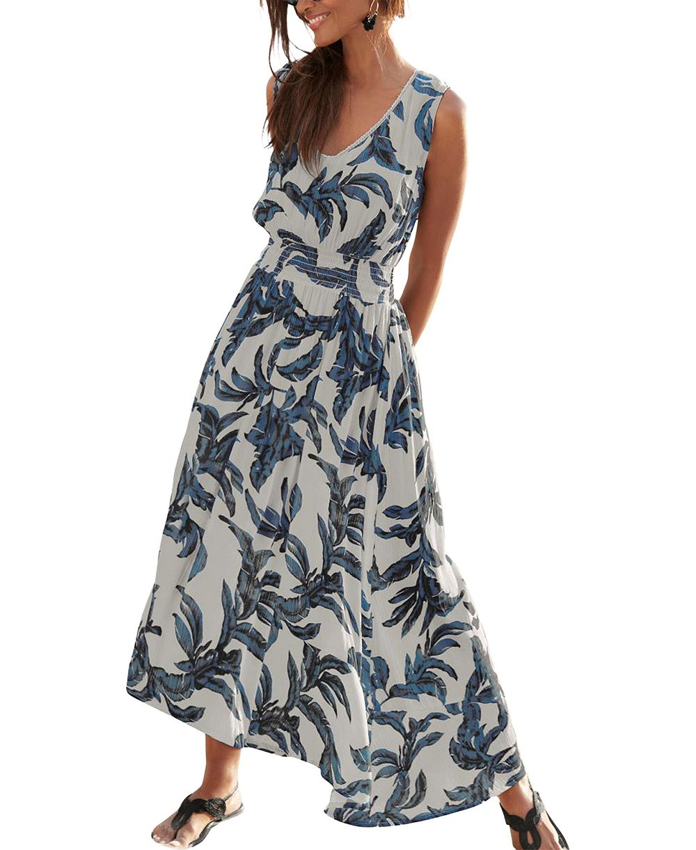 LASCANA Women's Viscose Printed Crochet V-Neck Smocked-Waist Maxi Dress