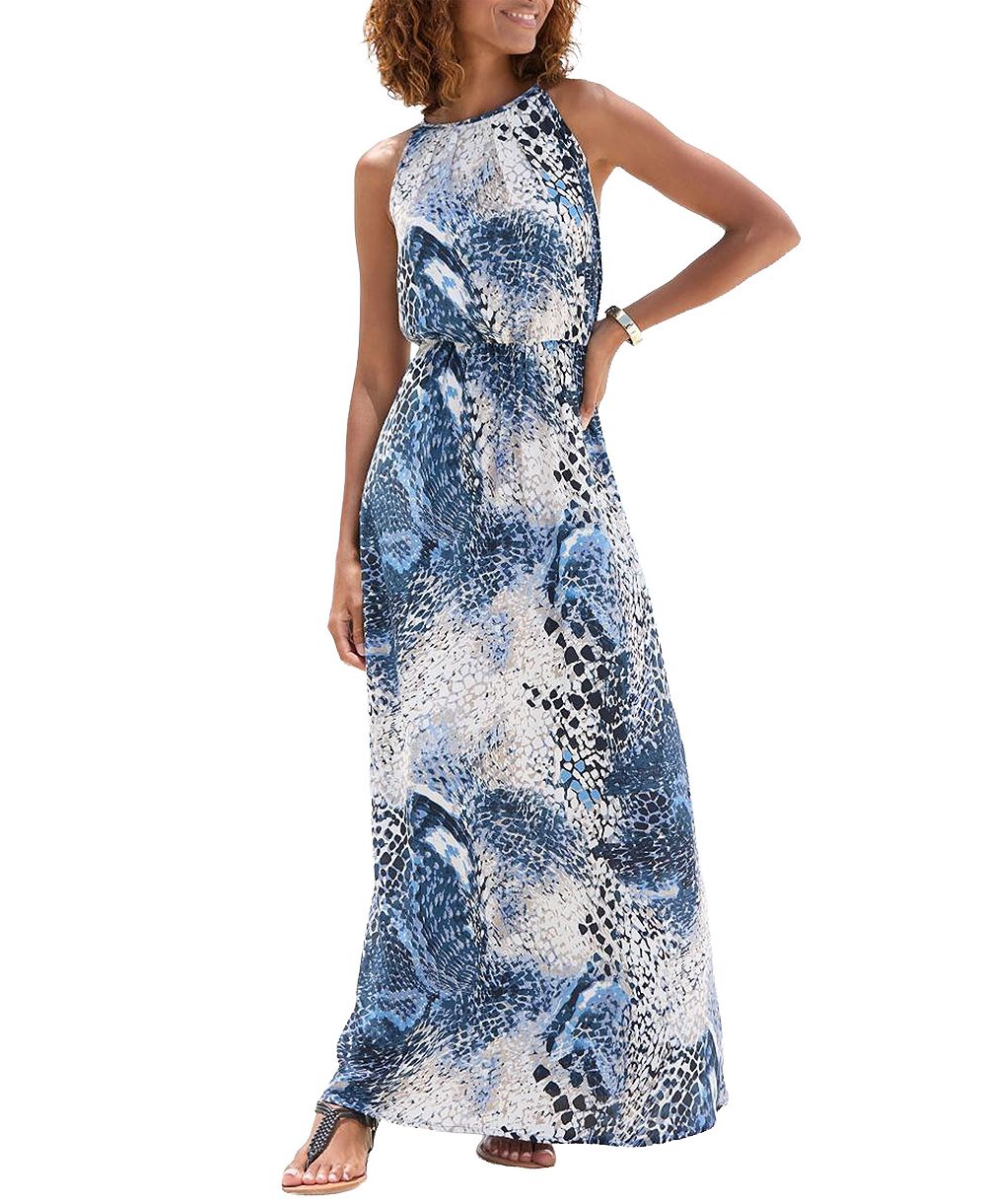 LASCANA Women's Viscose Printed High Neck Sleeveless A-Line Maxi Dress