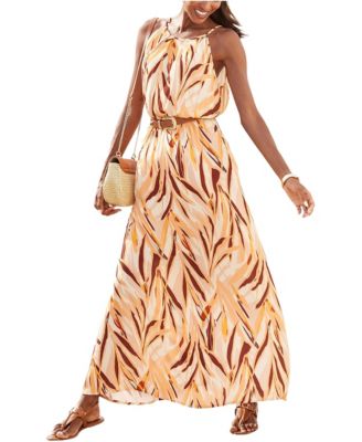 LASCANA Women's Viscose Printed High Neck Sleeveless A-Line Maxi Dress