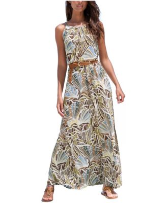 LASCANA Women's Viscose Printed A-Line Elastic-Waist Maxi Dress