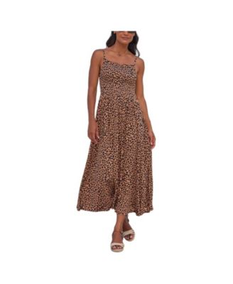 LASCANA Women's Viscose Animal Print Smocked Square-Neck Midi Dress