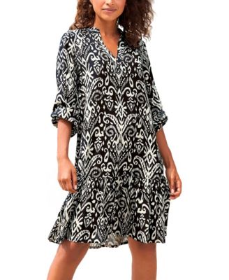 LASCANA Women's Viscose Printed Tunic Ruffle-Trim Notch-Neck Short Dress