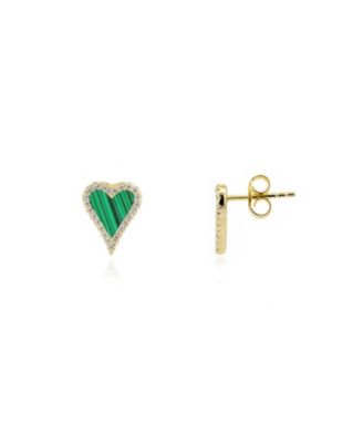 The Lovery Mini Malachite CZ Halo Heart Stud Earrings 14K Gold-Plated Sterling Silver