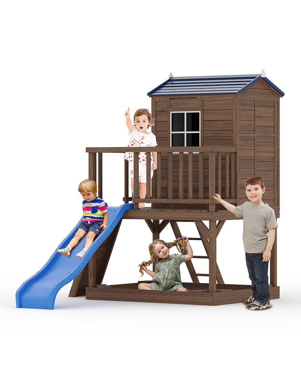 homfan игровой домик для детей с песочницей, 89 дюймов, двухэтажный деревянный домик со скалодромом и лестницей
