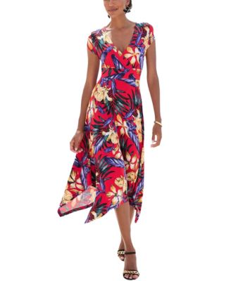 LASCANA Women's Viscose Printed Handkerchief Hem V-Neck Tie-Waist Midi Dress