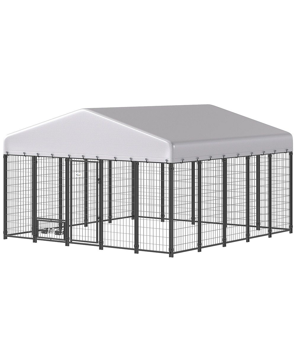 RUIE Outdoor Dog Kennel Run with Rotating Bowls and Waterproof Cover