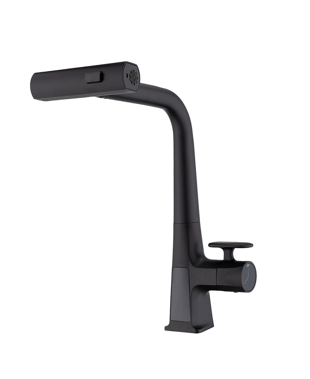 BUSDAYS Matte Waterfall Kitchen Faucet with Temperature Display Single Handle Pull Down Sprayer Modern 3 Water Outlet Modes