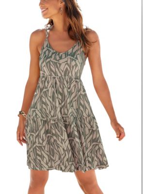 LASCANA Women's Viscose Printed Fit-and-Flare V-Neck Empire-Waist Short Dress