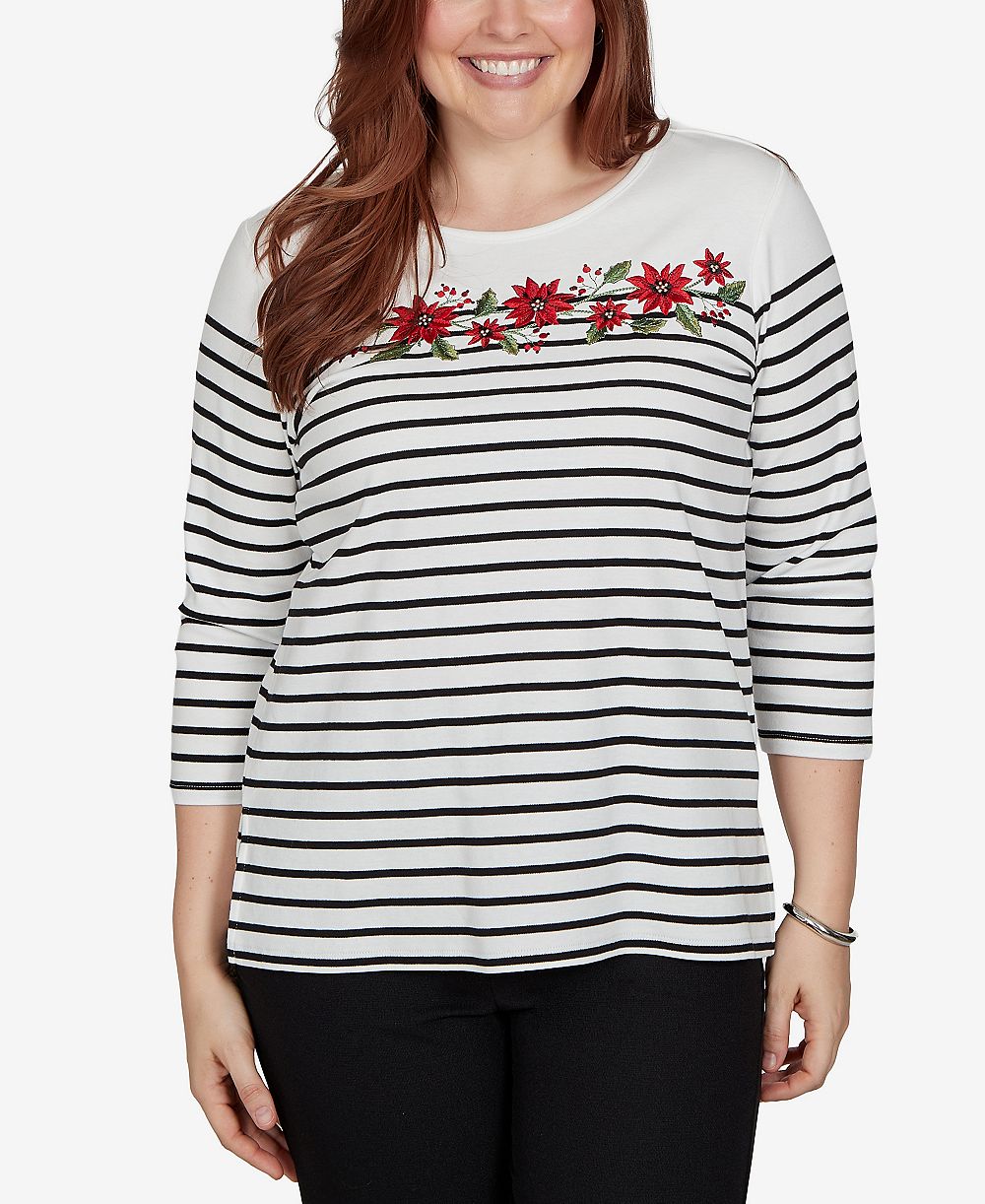 Alfred Dunner Женский трикотажный топ Classic Poinsettia Stripe