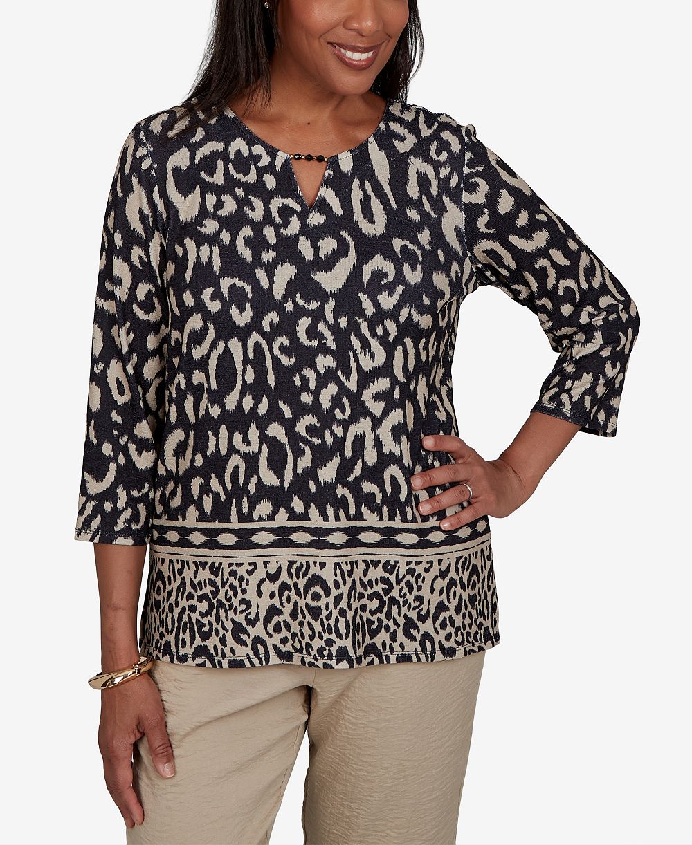 Топ Alfred Dunner Women's Travel Advisory Animal Print Split Neck Knit