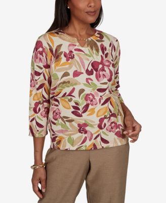 Alfred Dunner Women's Union Square Floral Painterly Print Shimmer Sweater