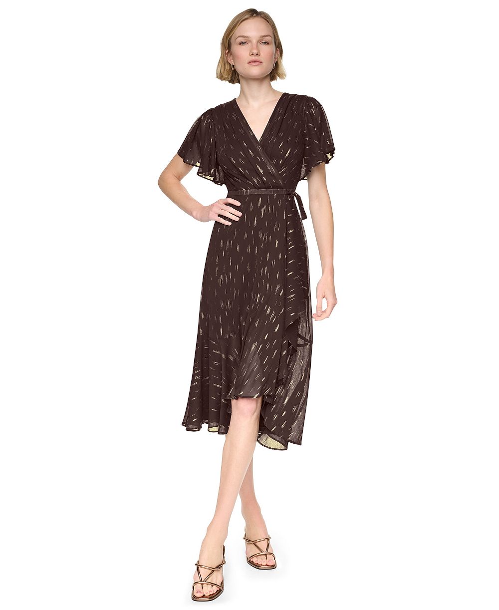 DKNY Women's Flutter-Sleeve Ruffle V-Neck Midi Dress