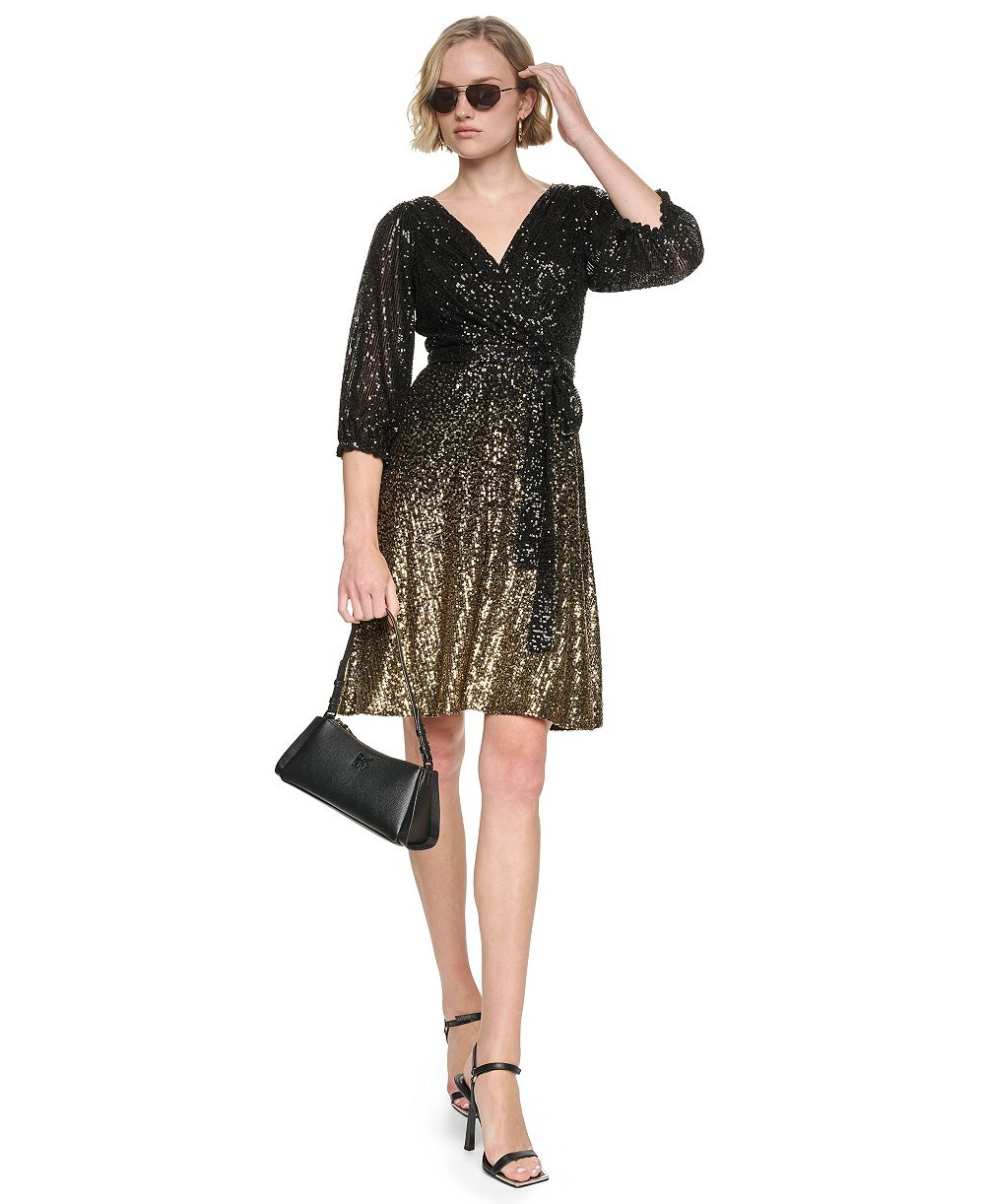 DKNY Women's Ombre Sequin Wrap 3/4 Balloon-Sleeve V-Neck Dress