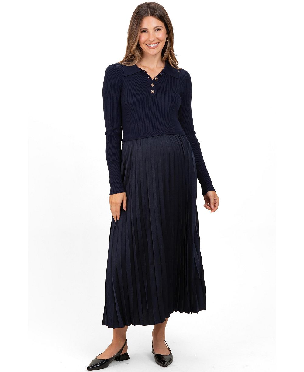Pinkblush Women's Collared Knit Contrast Pleated Skirt Midi Dress