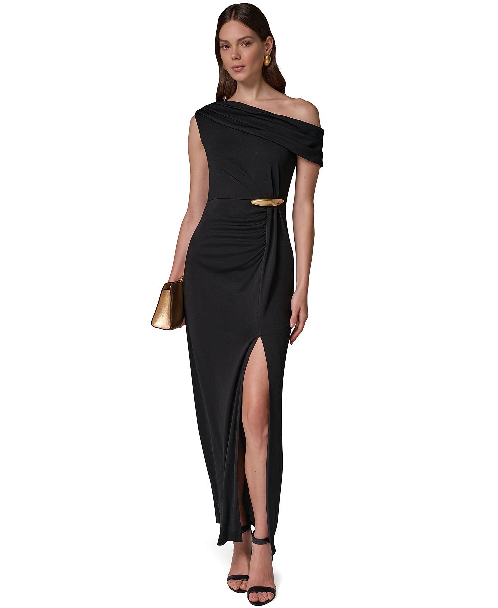 Женское макси-платье Donna Karan New York асимметричное с открытыми плечами и драпировкой на талии
