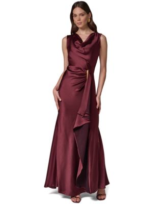Donna Karan New York Women's Sleeveless Cowl Neck Satin Ruched Gown