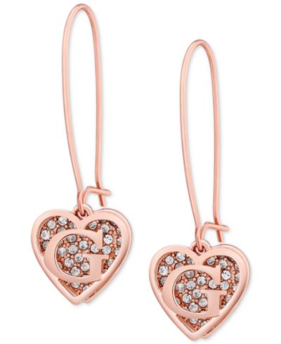 GUESS Rose Gold-Tone Pavé Heart Logo Drop Earrings