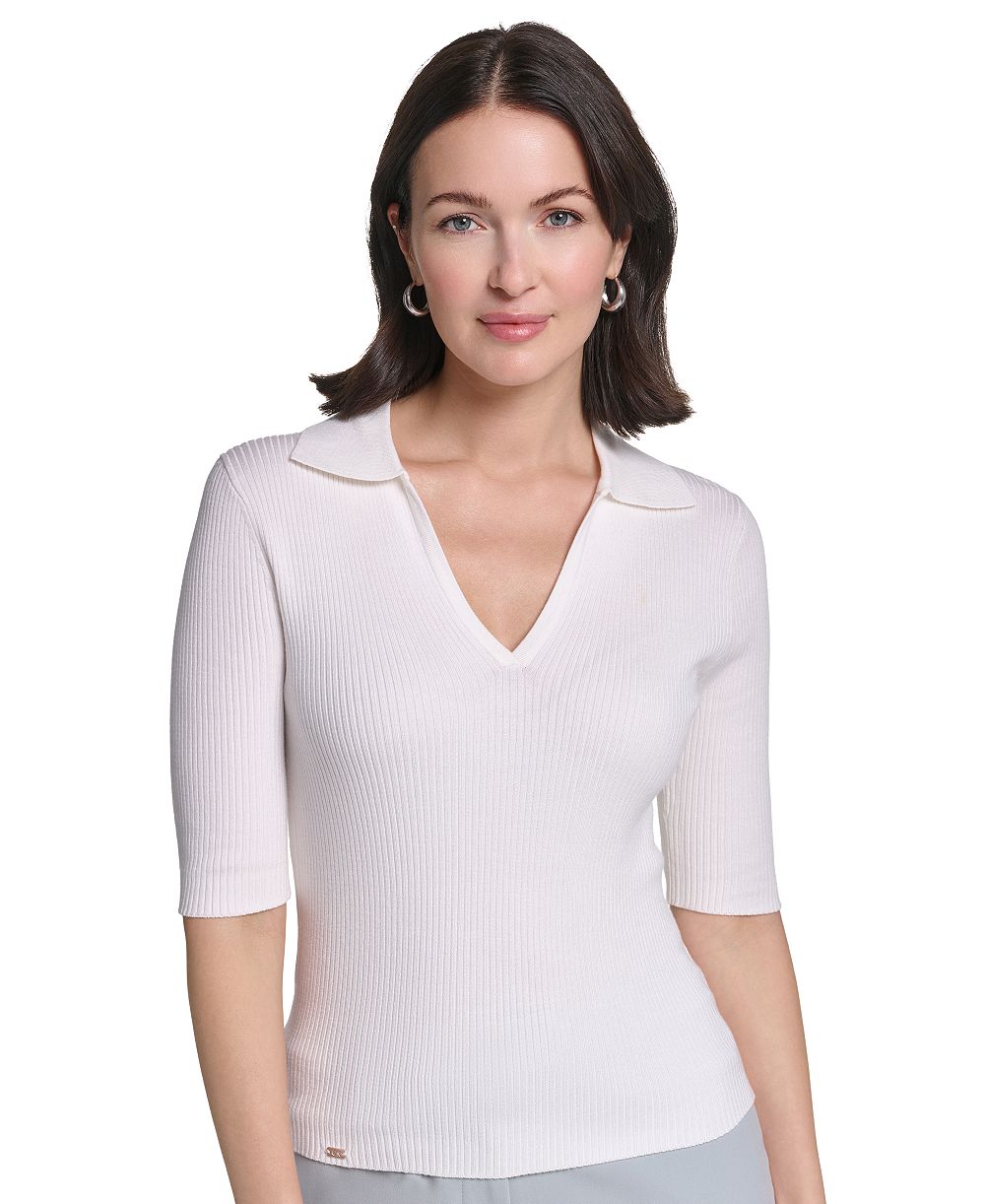Calvin Klein Women's Collared 3/4-Sleeve Ribbed-Knit Top